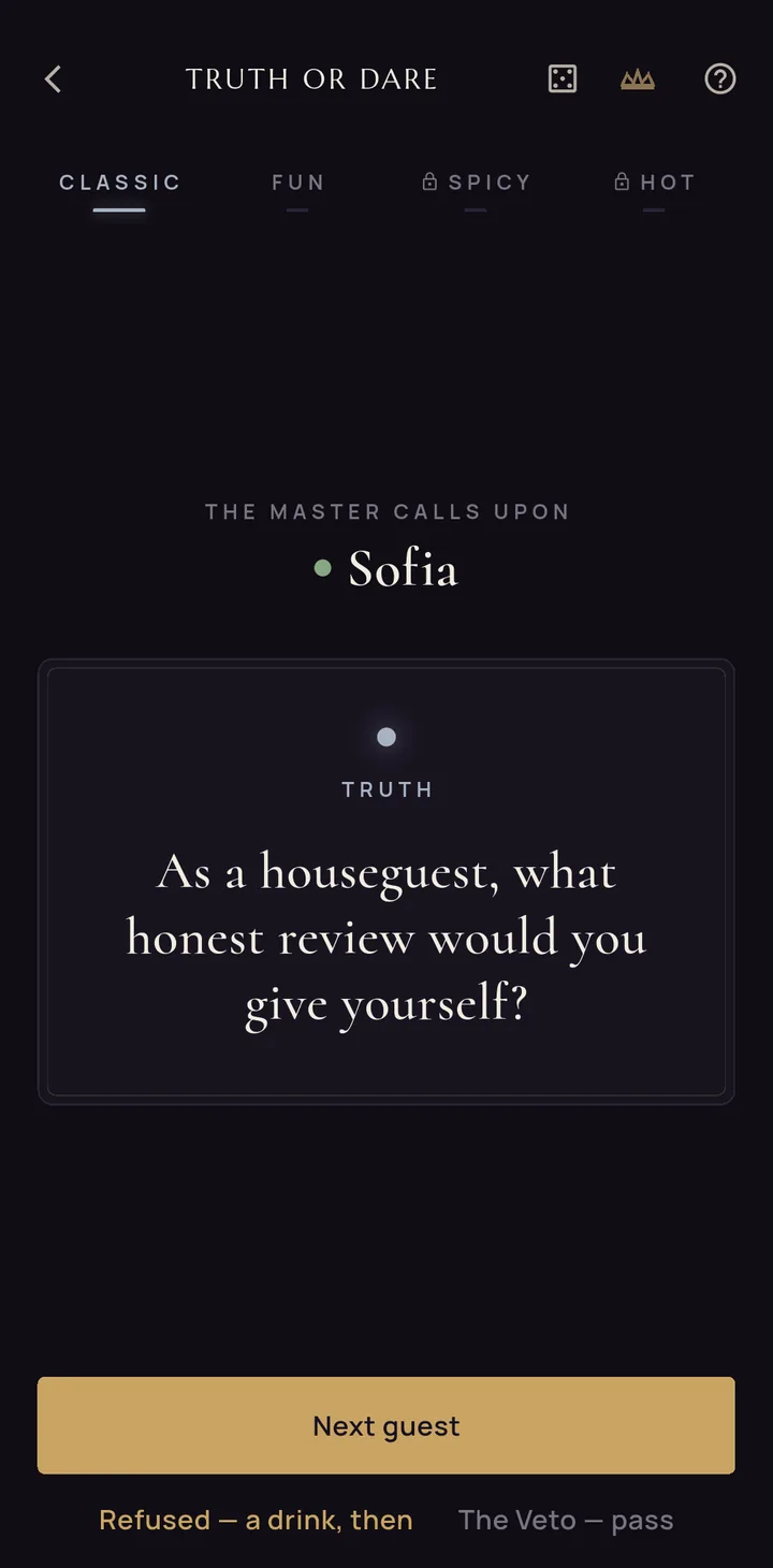A dealt Truth card with the tier's wax-seal dot above the prompt