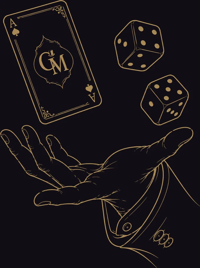 The Master's open hand, an ace of spades bearing the GM monogram and two dice floating above it