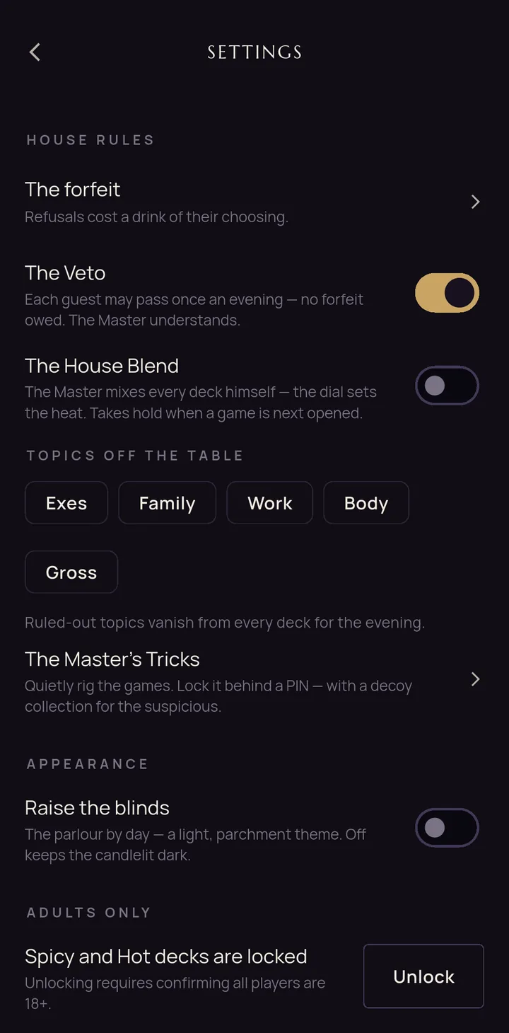 Settings showing the forfeit, the Veto, the House Blend, topic filters and the theme switch