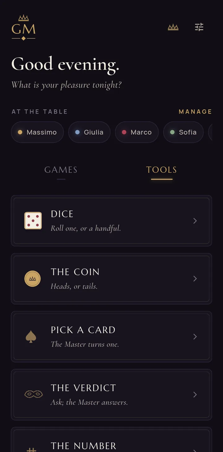The Tools tab listing the dice, the coin, Pick a Card and the Verdict