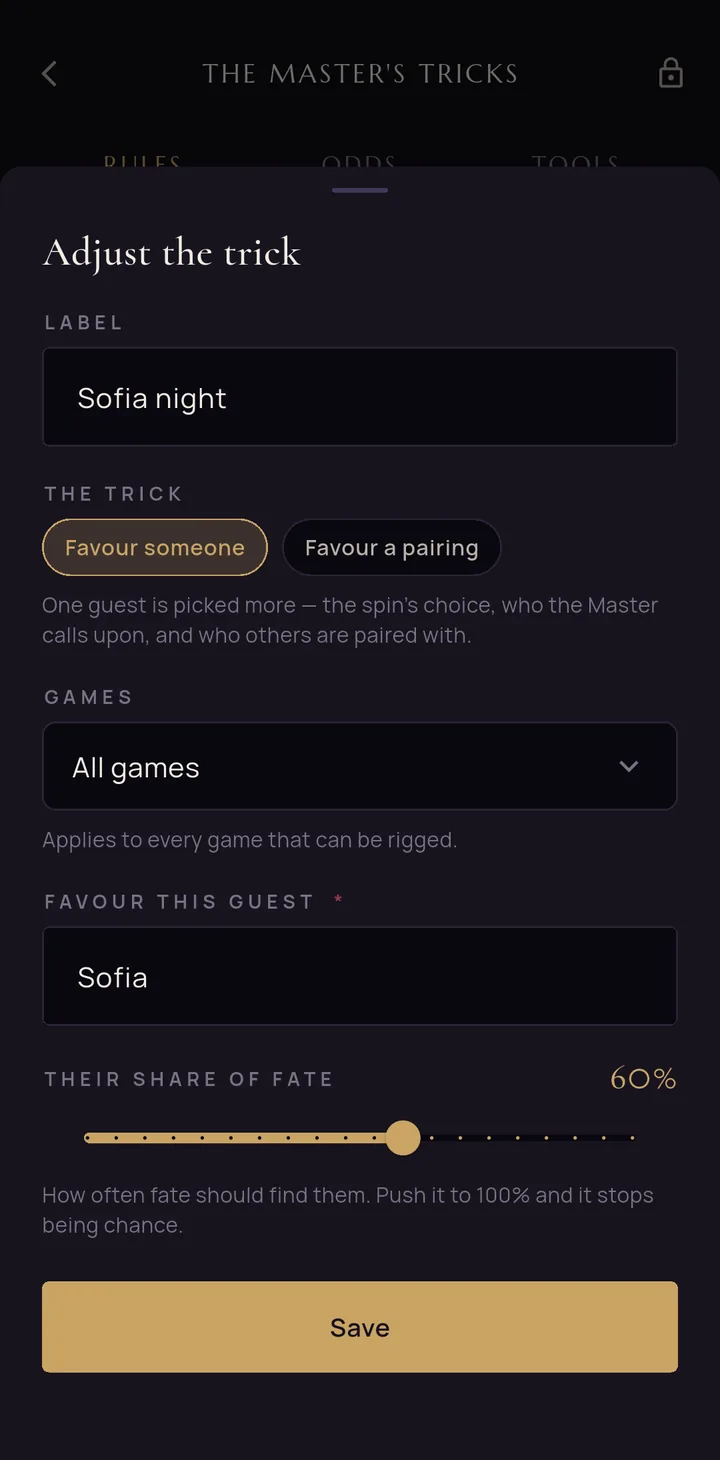 A trick being set up: a label, favour someone or a pairing, which games it covers, and a share-of-fate slider at 60%