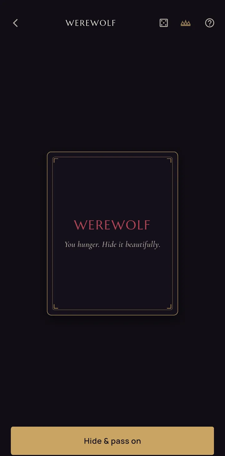 A Werewolf role card, dealt in secret and shown only to the guest holding the phone