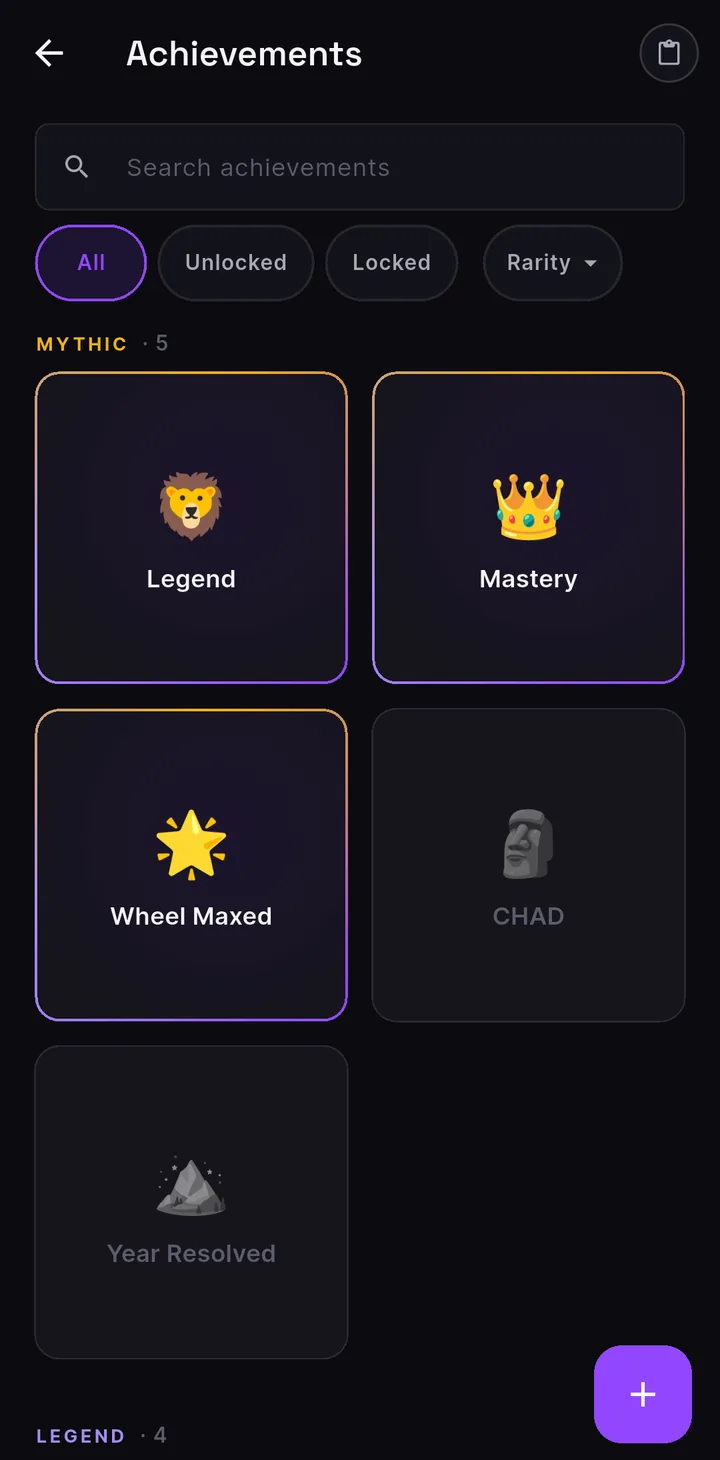 The LifeQuest achievements wall, badges grouped under their rarity tier headings
