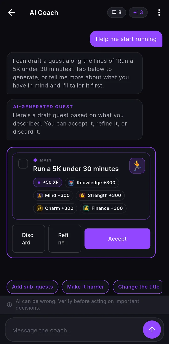 The LifeQuest AI coach drafting a quest, “Run a 5K under 30 minutes”, with XP and stat rewards and accept, refine or discard