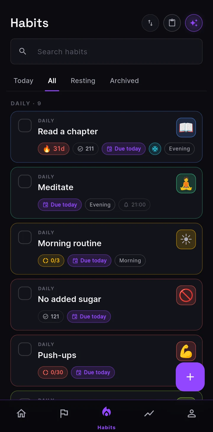 The LifeQuest habits list: a 31 day streak, a frozen streak, a counter at 0 of 30 and a checklist at 0 of 3