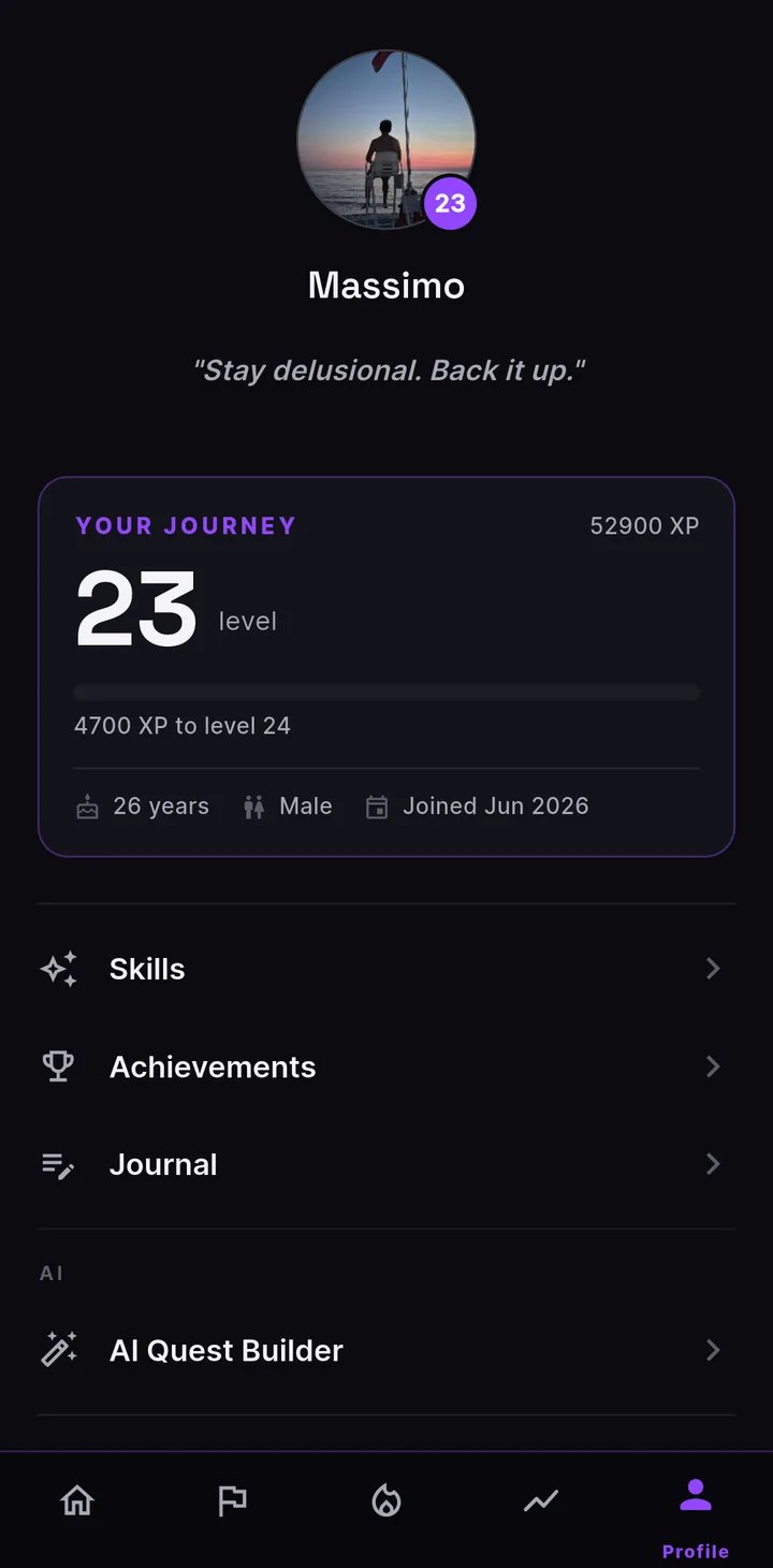 A LifeQuest profile: an avatar, the motto “Stay delusional. Back it up.”, and level 23