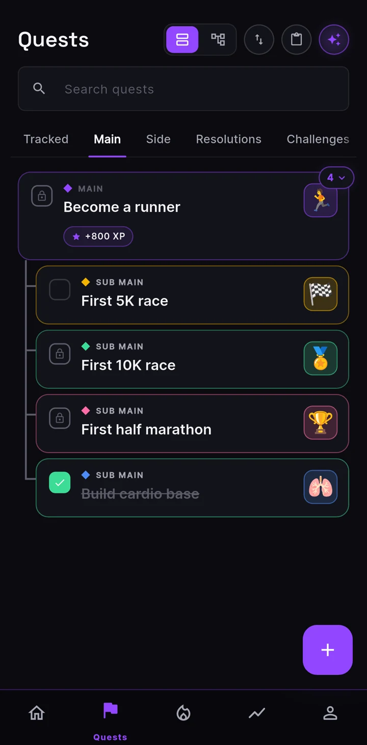 The LifeQuest Quests tab as a list: the main quest “Become a runner” with its sub-quests indented under it