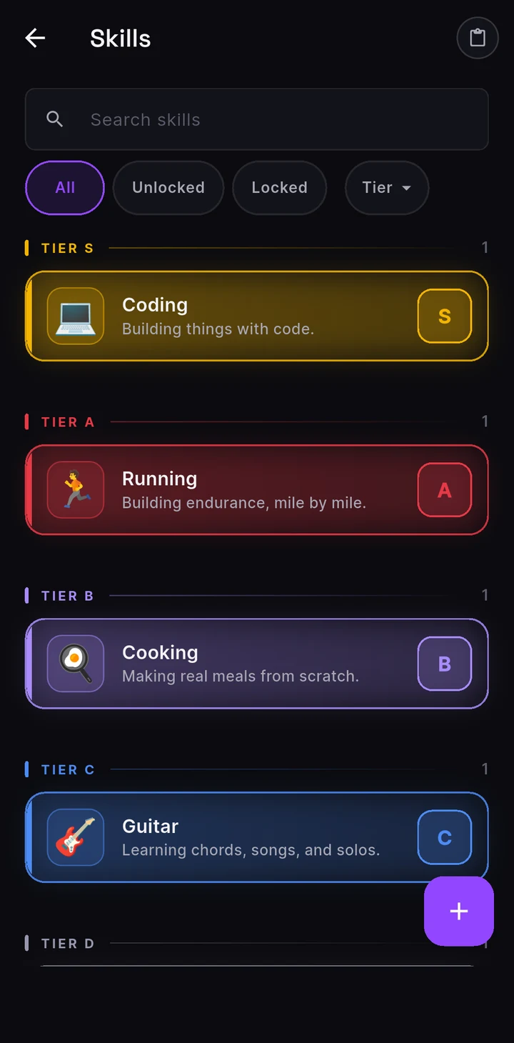 The LifeQuest skills wall: Coding at tier S, Running at A, Cooking at B and Guitar at C, each grouped under its tier heading