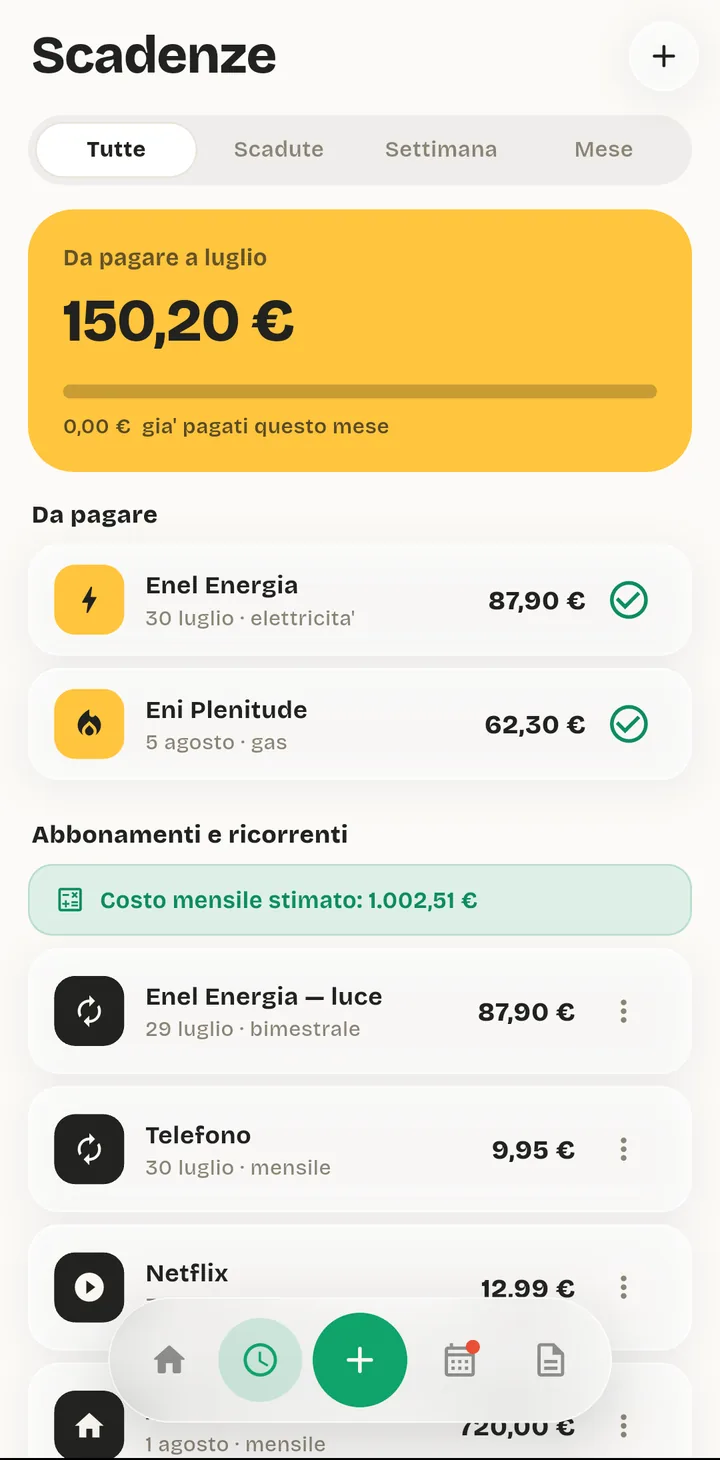 The ModernDays recurring screen: estimated monthly cost and a list of bills and subscriptions with their next due date