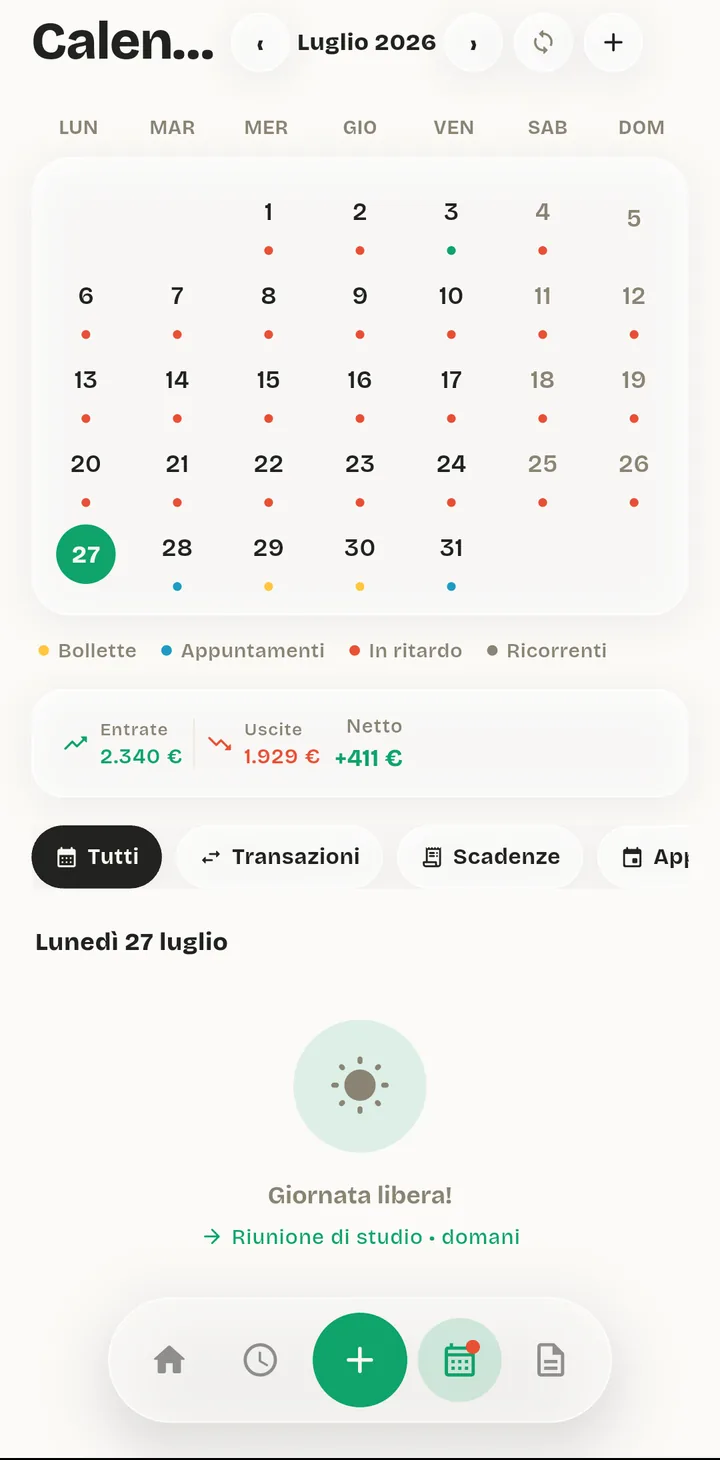 The ModernDays calendar: a month with bills, appointments and income marked, and the selected day listed below