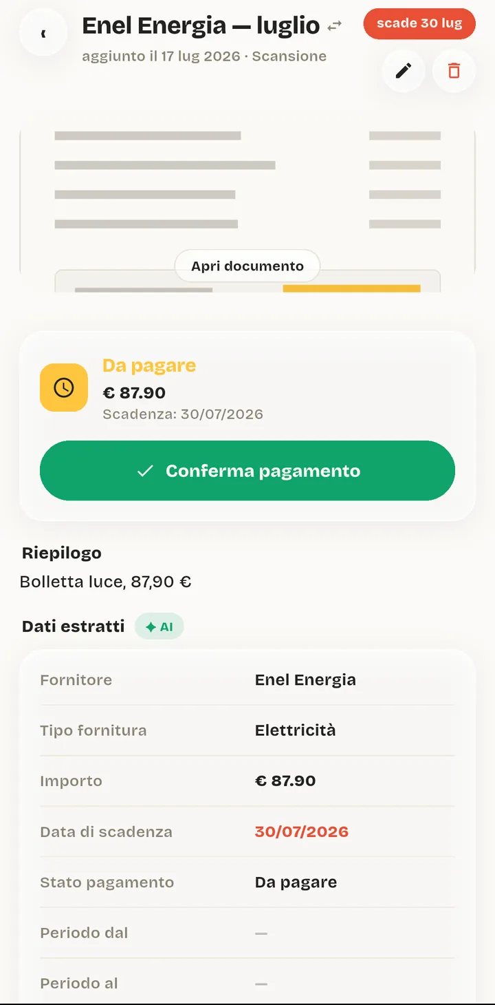 A scanned electricity bill in ModernDays: the amount to pay, the due date, a confirm-payment button and the fields the app read off the page