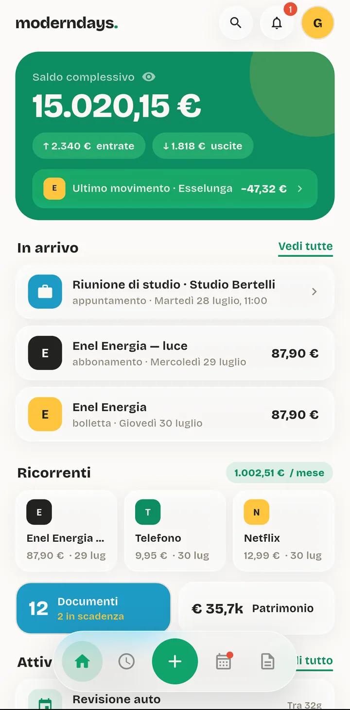 The ModernDays home screen: total balance, the next bills due and shortcuts to budget, analysis and documents