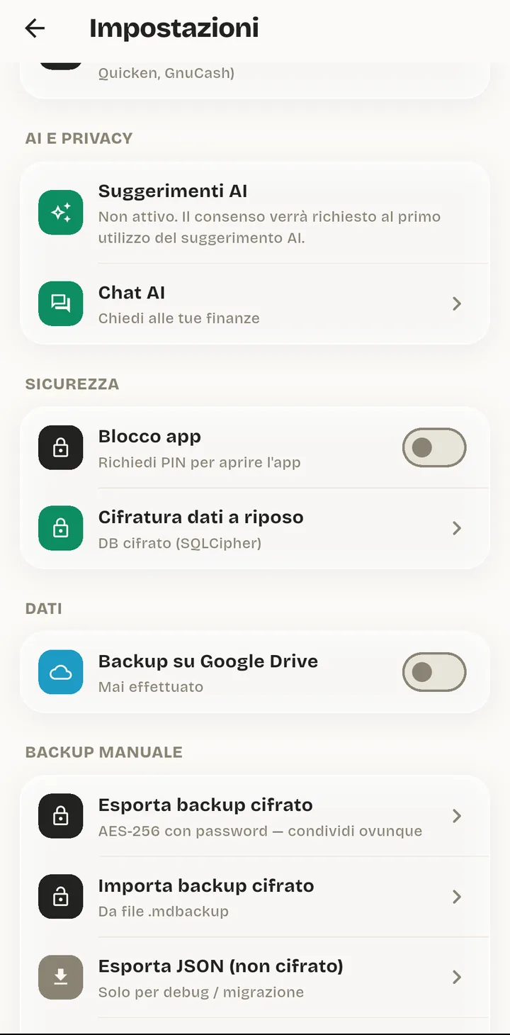 ModernDays settings: AI consent, app lock with a PIN, database encryption at rest, and encrypted backup to Google Drive or a file