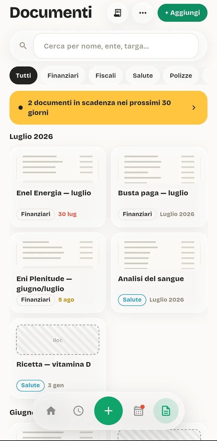 The ModernDays document vault: scanned bills, contracts, payslips and warranties grouped by month with a search field