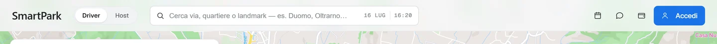 SmartPark's header: the Driver and Host toggle, and the search field with the live date and time